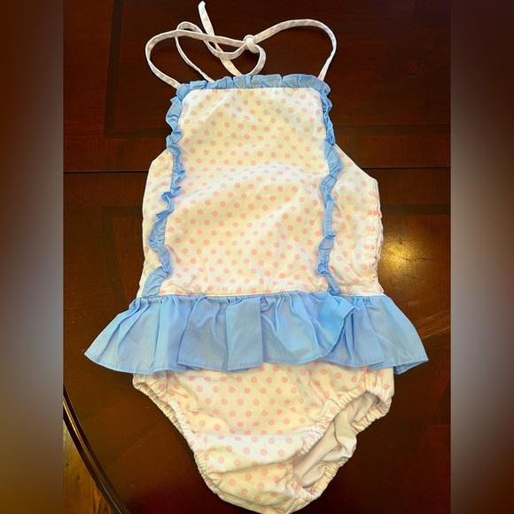 ELIZA JAMES Classic Cotton Smocked Ruffle Swimsuit Bathing Suit Pink Dots - Picture 1 of 4